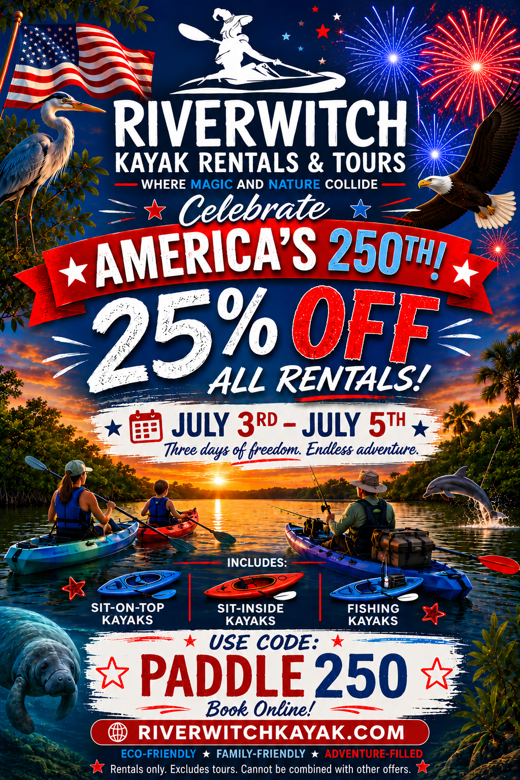 Kayak events near New Smyrna Beach 25% discount off kayak rentals for July 4th weekend